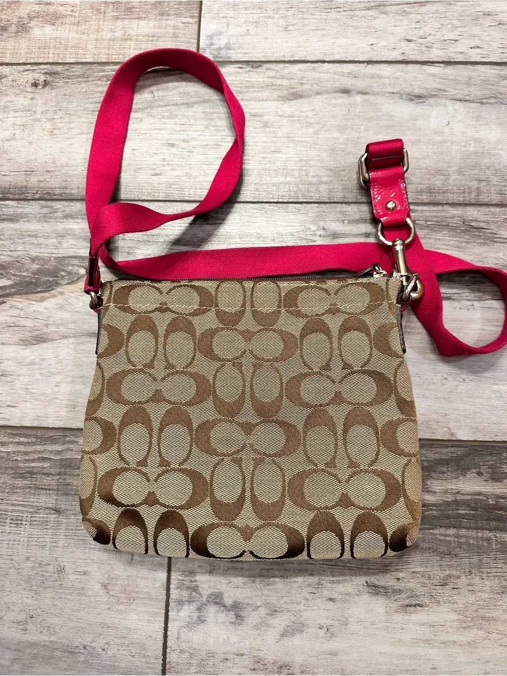 Coach Brown Signature Crossbody with Pink Trim and Strap